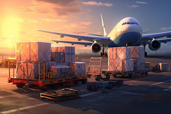 airplane and cargo in the airport at sunset 3d rendering airplane cargo transportation by plane unloading containers of boxes at the airport ai generated free photo