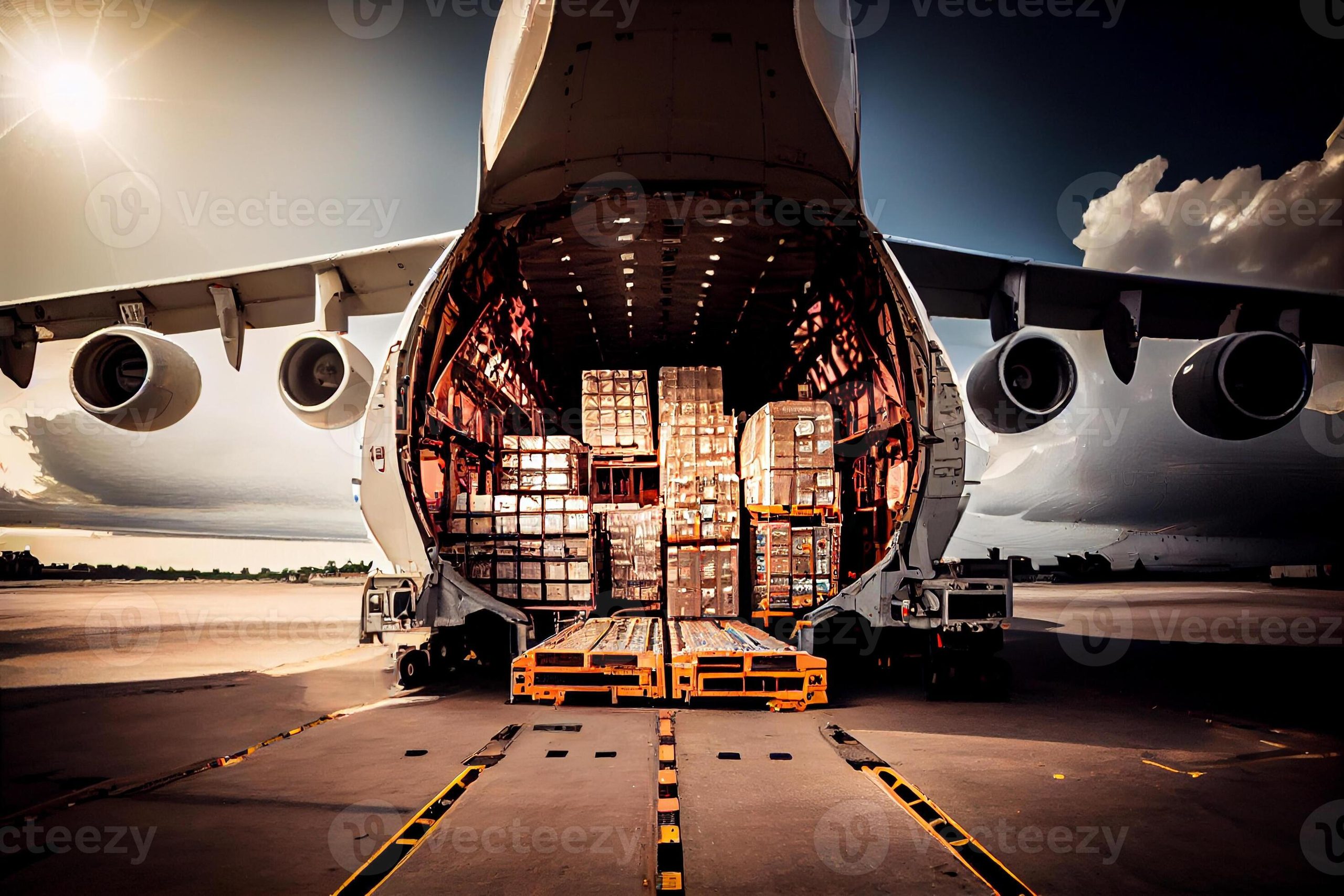 cargo plane unloads containers with boxes air freight illustration generative ai photo
