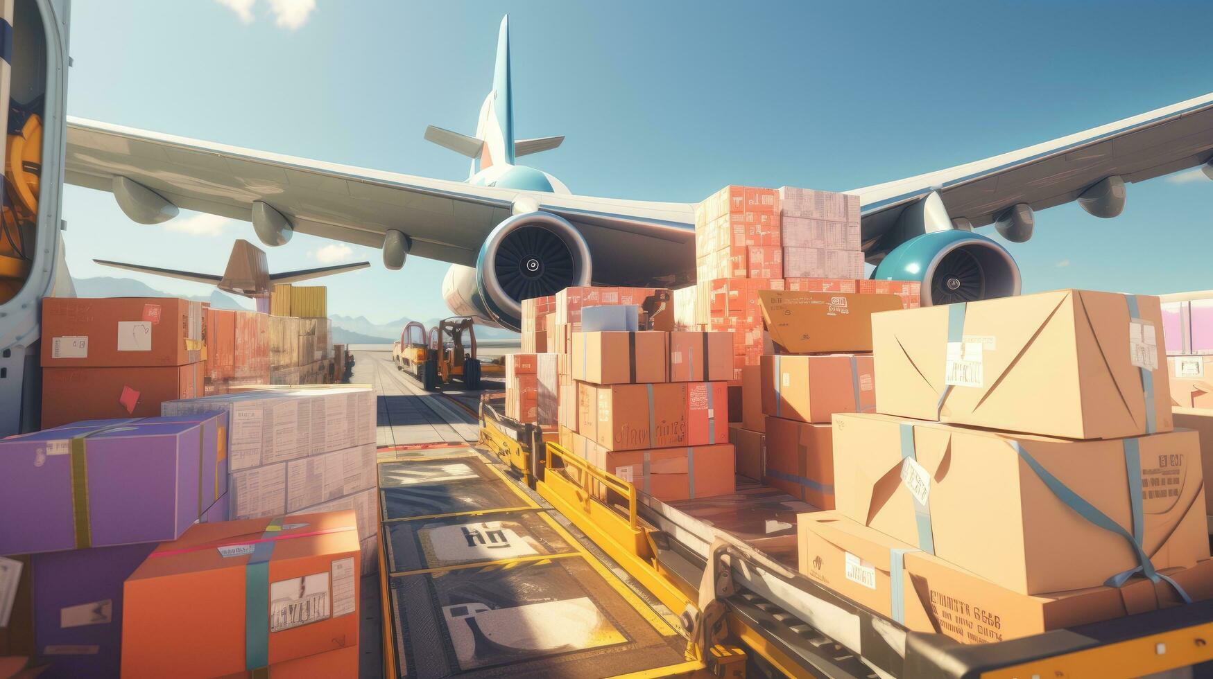 large boxes of goods are loaded onto transport planes international freight transport free photo